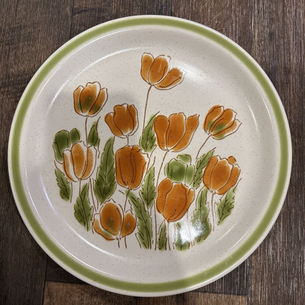 Vintage Meadowbrook Stoneware Green Orange Tulip Poppy Plate Japan 10.75" MCM